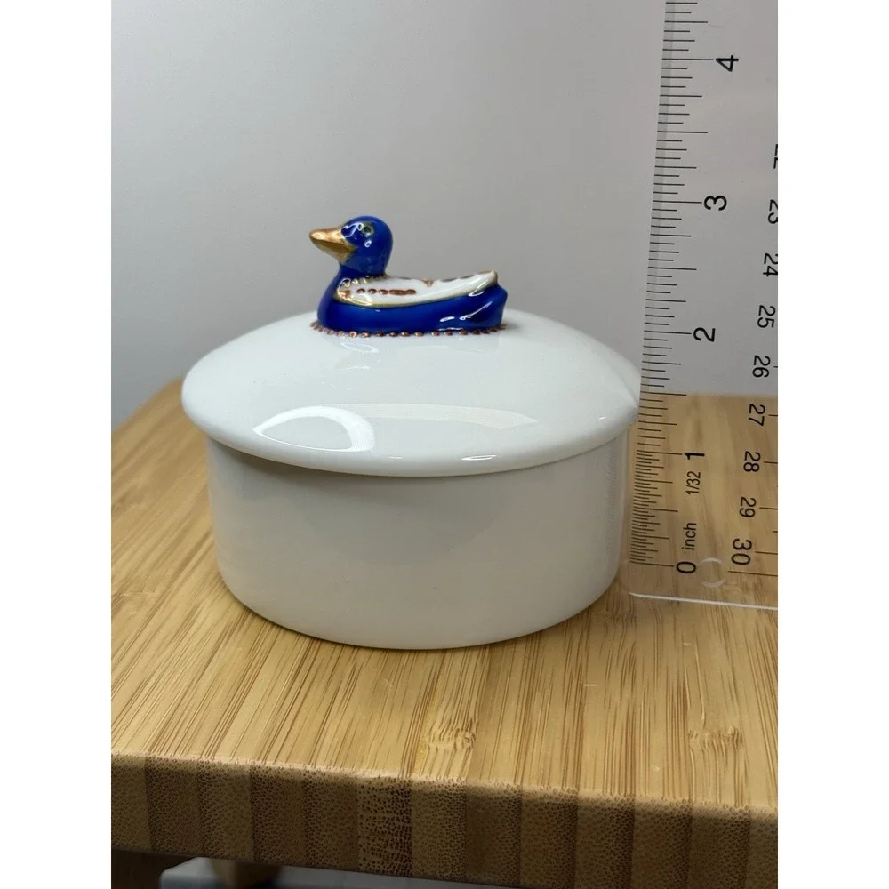 VTG  La Reine Limoges Porcelain Trinket Box White Blue‎ Duck Jewelry Box